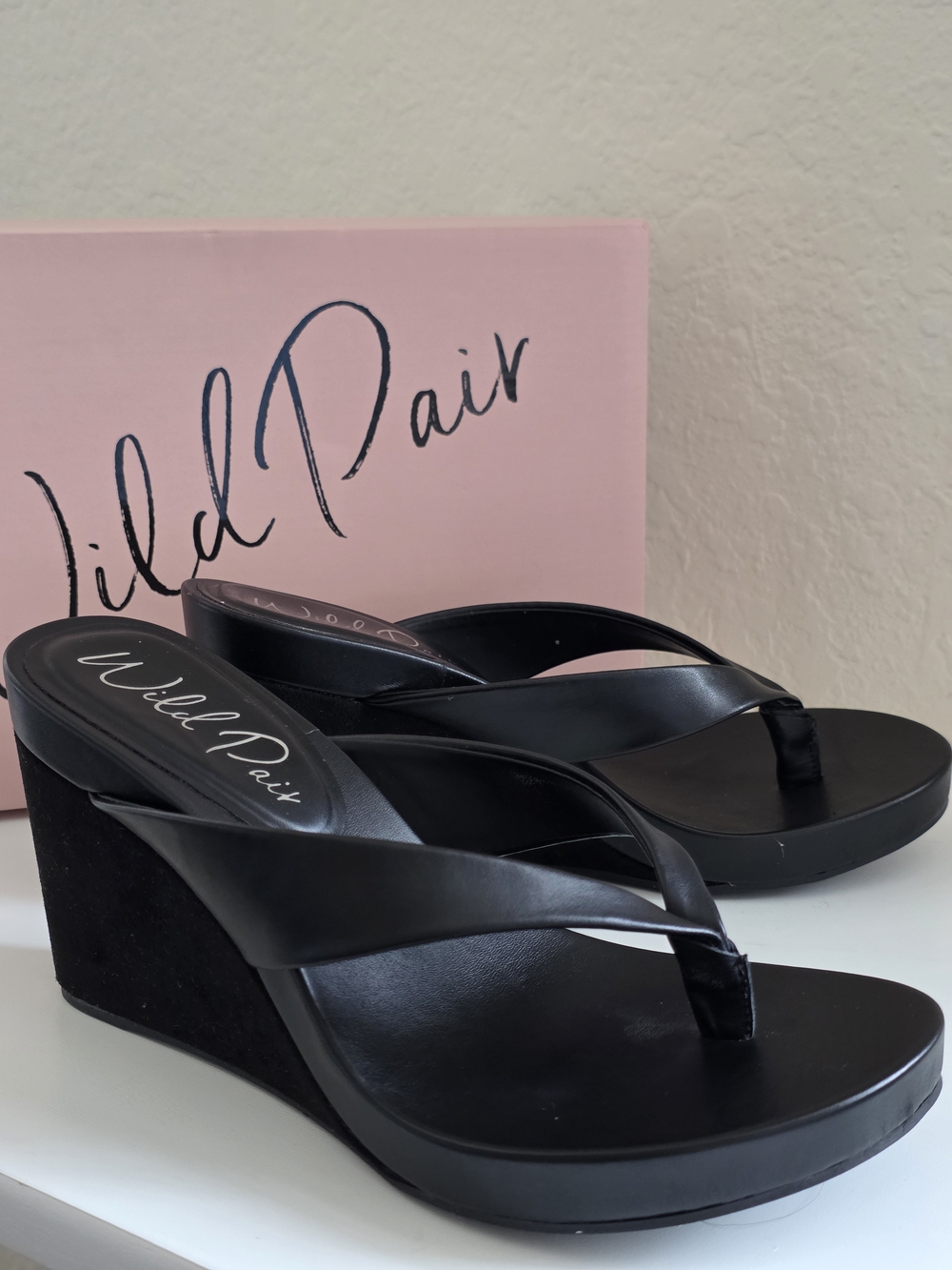 Wild Pair Black Faux-Leather Wedge Thong Sandals